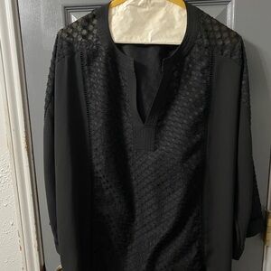 Chico’s Black Lacey 3/4 Sleeve  Blouse/Tunic Size 3 Sheer Scoop Neck